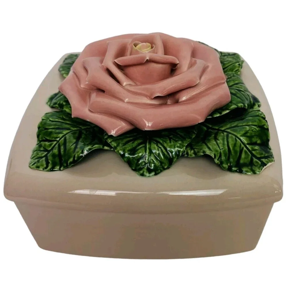 Vintage Valley Vista California Pottery Ceramic Lidded Trinket Box Raised Rose